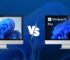 Windows 11 Pro vs Windows 10 Pro comparison on a desktop PC